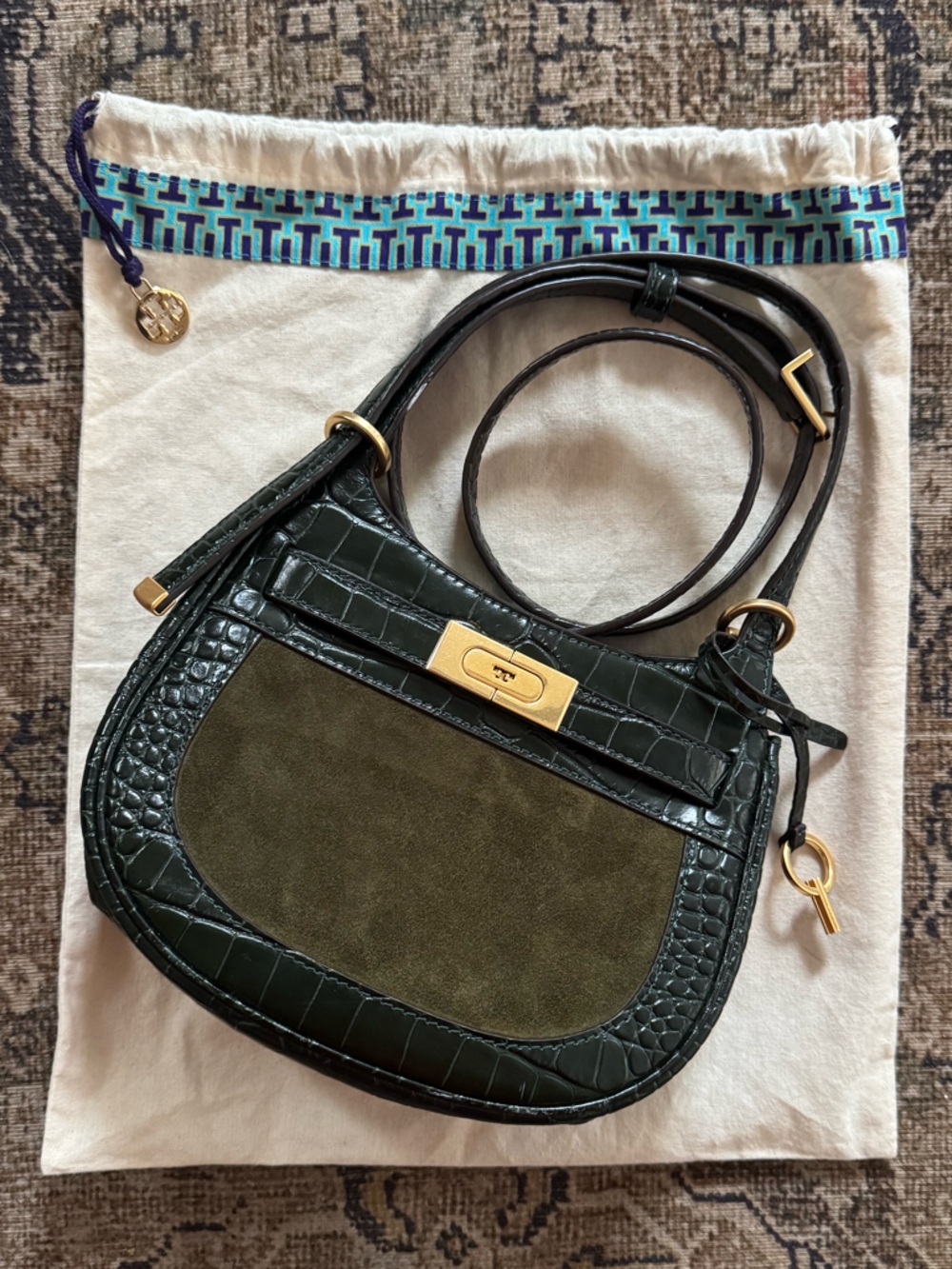 Tory Burch Lee Radziwill Small Green Croc-Embossed Leather/Suede Saddlebag